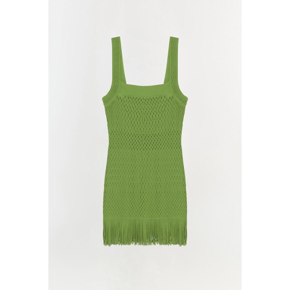 Sleeveless Green Knit Fringe Mini Dress